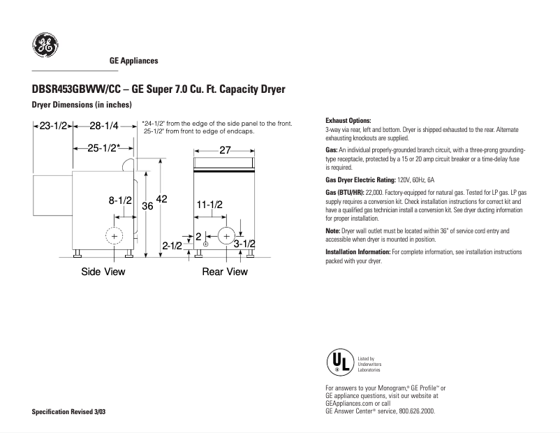 Page 1 of the manual Technical Sheet GE DBSR453GBCC