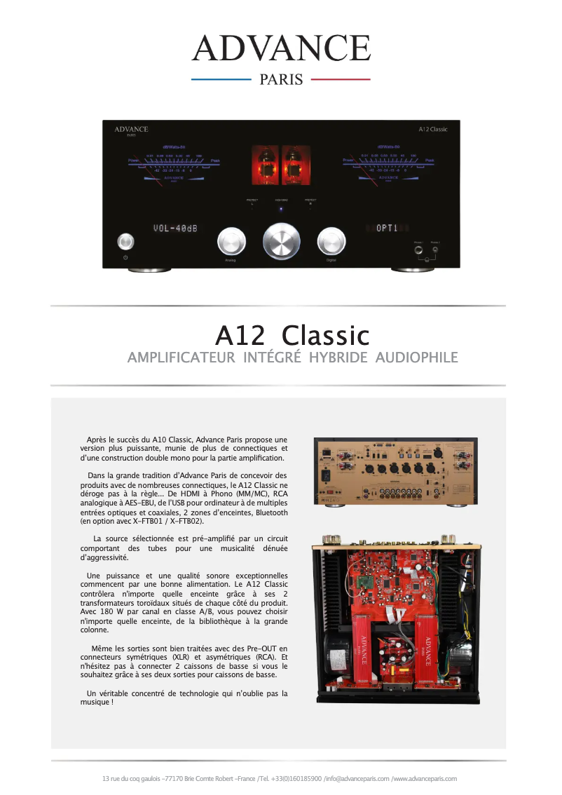 Page 1 de la notice Fiche technique Advance A12 Classic