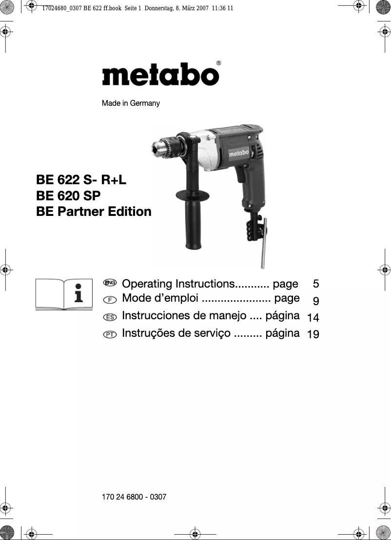 Page 1 de la notice Manuel utilisateur Metabo BE 622 S R+L