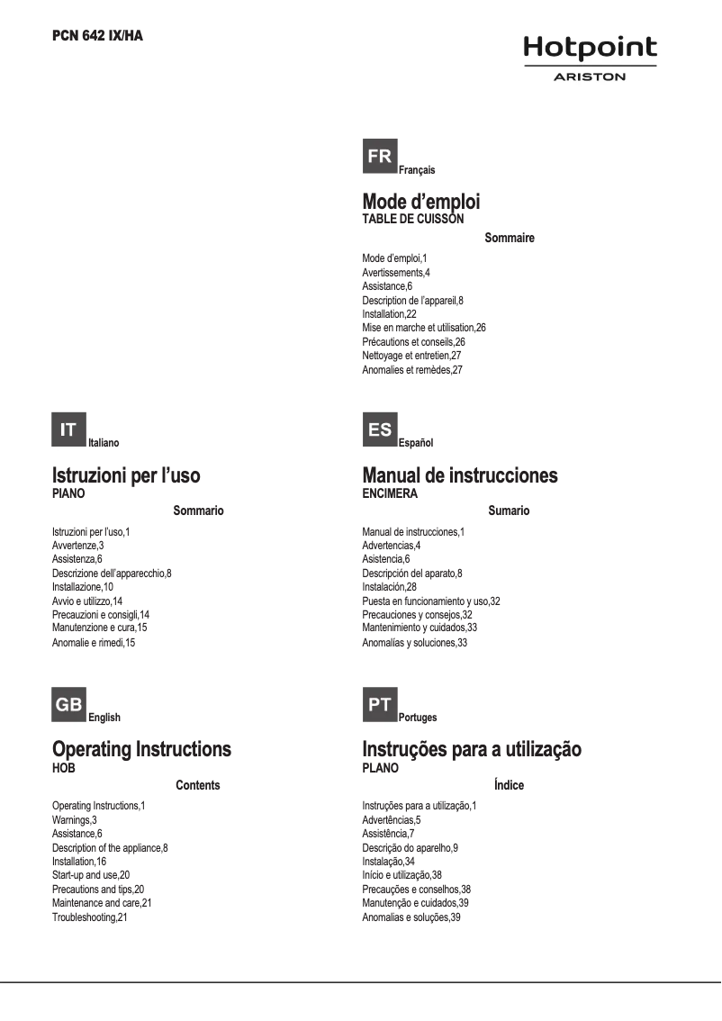 Página 1 del manual Manual de usuario Hotpoint PCN 642 IX/HA