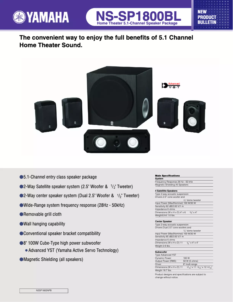 Page n°1 - Fiche technique Yamaha NS-SP1800BL