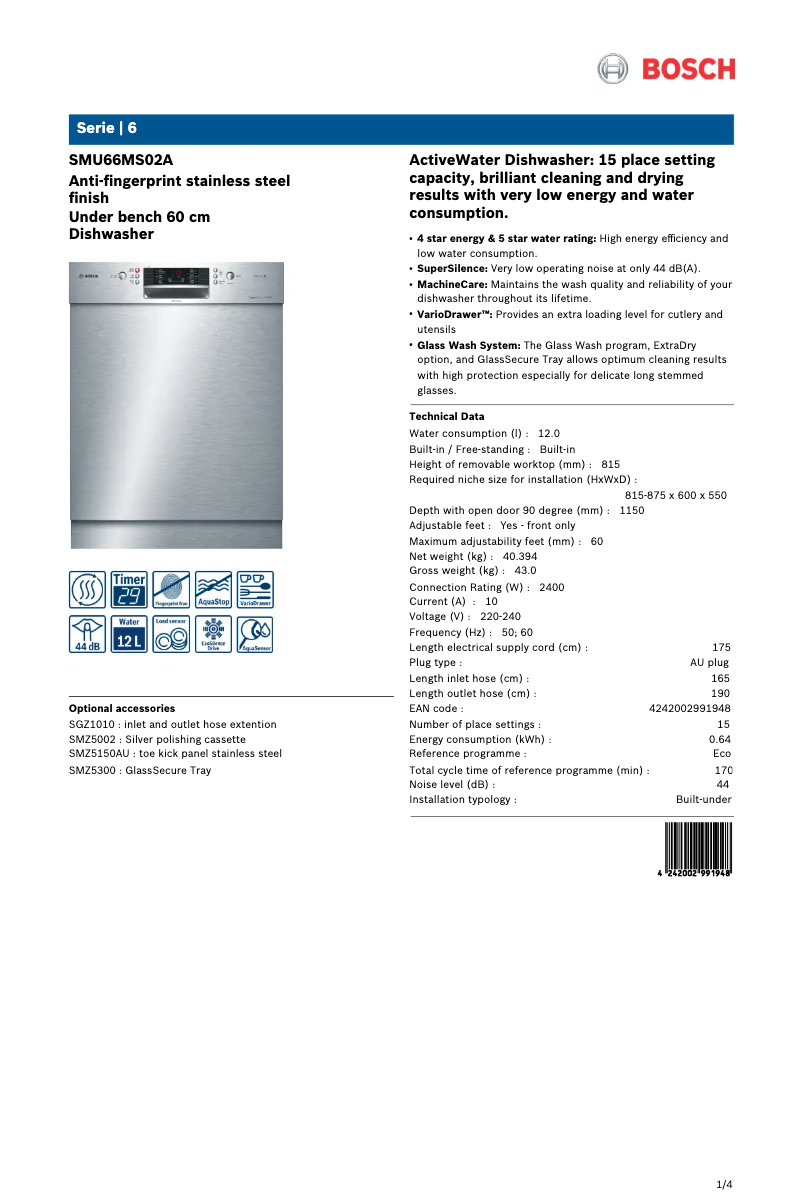 Página 1 del manual Ficha técnica Bosch SMU66MS02A