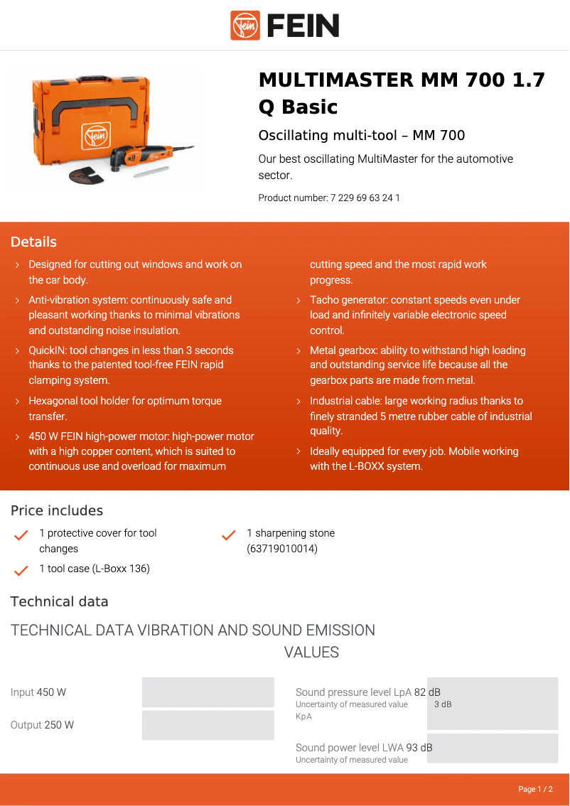 Page 1 de la notice Fiche technique Fein Multimaster MM 700 1.7 Q Basic