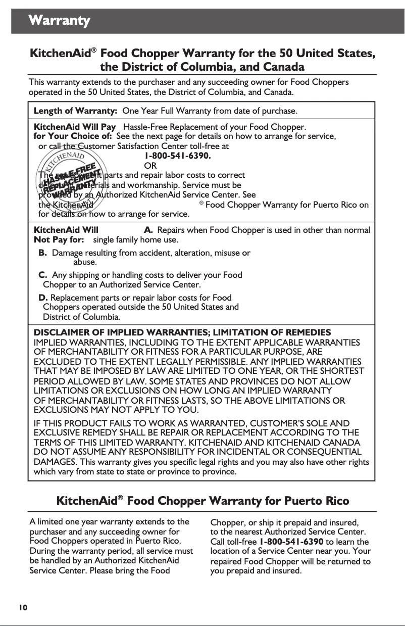 Page 1 de la notice Informations de garantie KitchenAid KFC3511GA