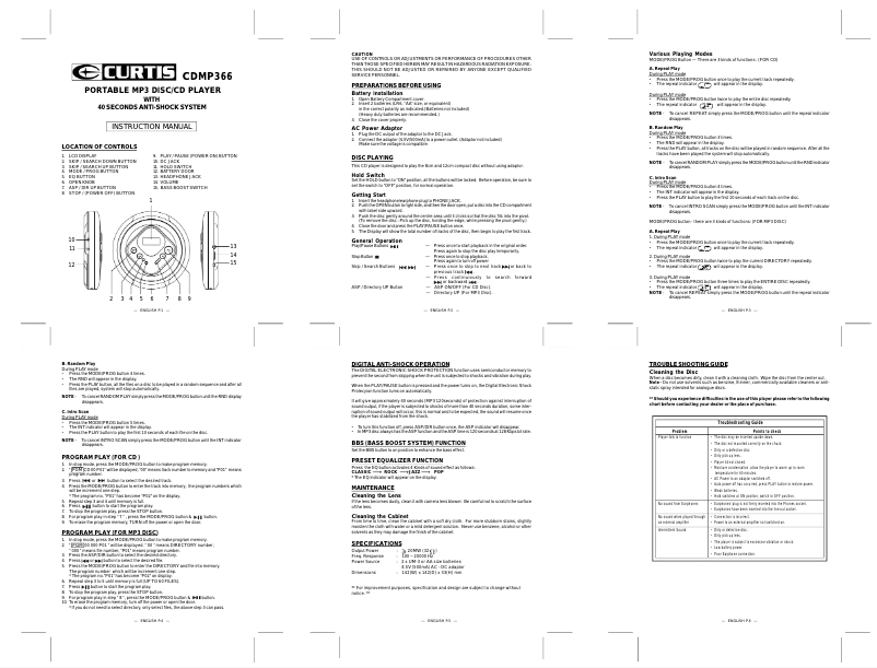 Page 1 de la notice Manuel utilisateur Curtis CDMP366