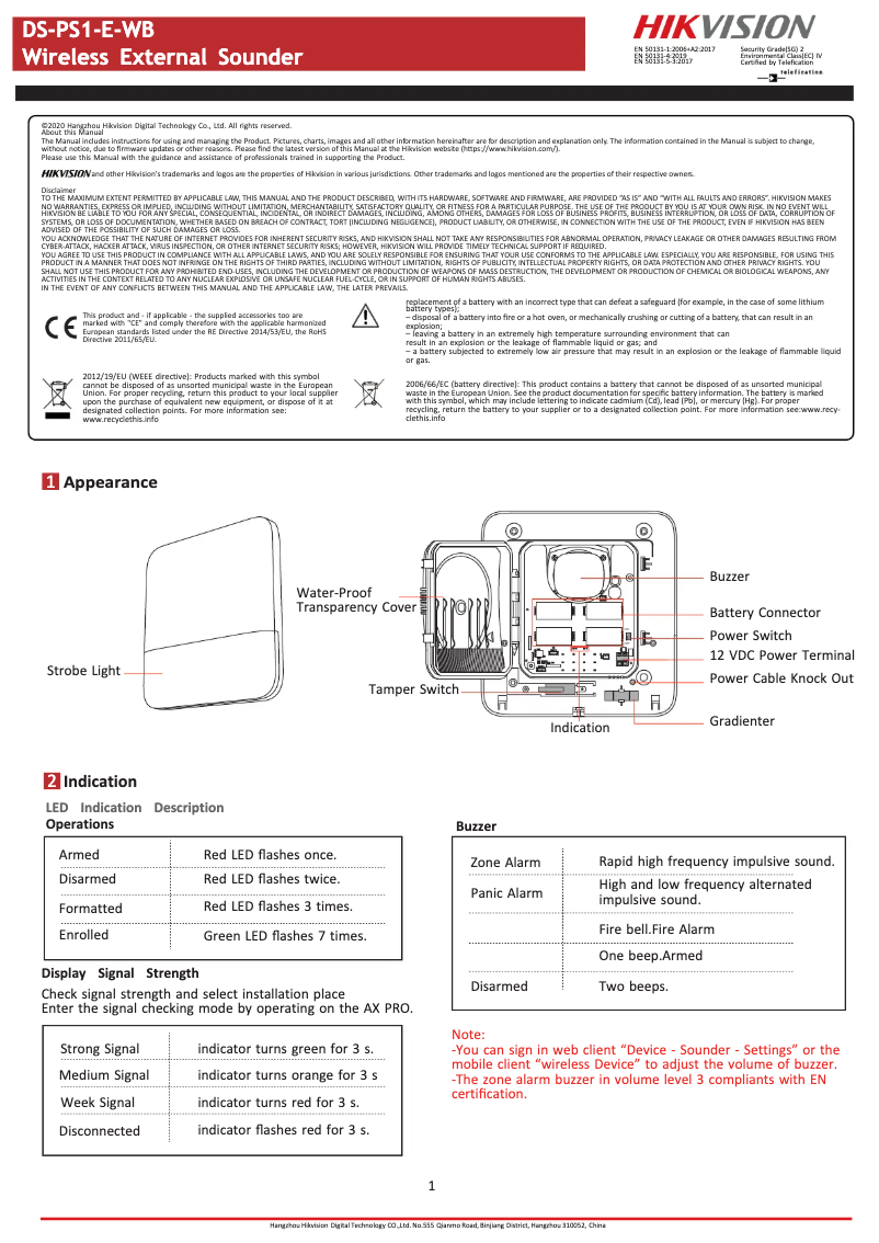 Page n°1 - Manuel utilisateur Hikvision DS-PS1-E-WB