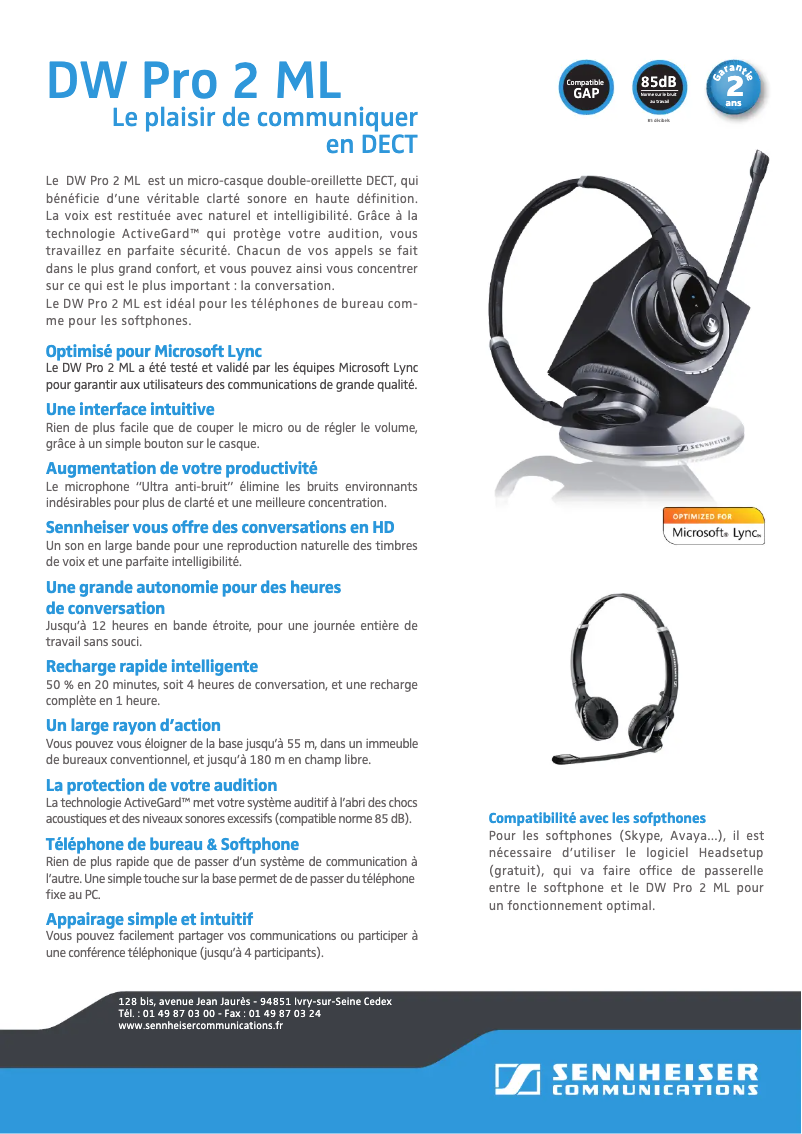 Page 1 de la notice Fiche technique Sennheiser DW Pro 2 ML