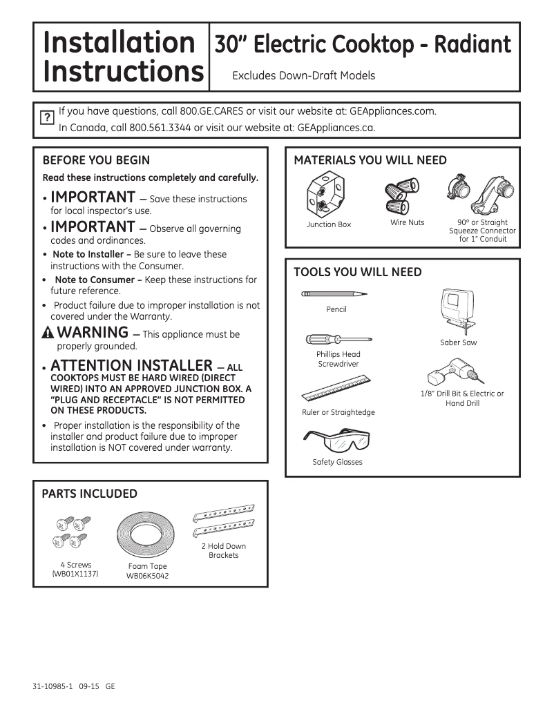 Page n°1 - Guide d'installation GE Profile PP7030SJSS