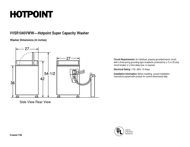 Page 1 de la notice Fiche technique Hotpoint VVSR1040VWW