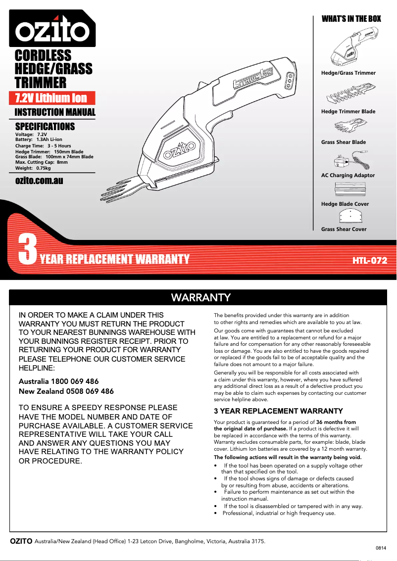 Page 1 de la notice Manuel utilisateur Ozito HTL-072