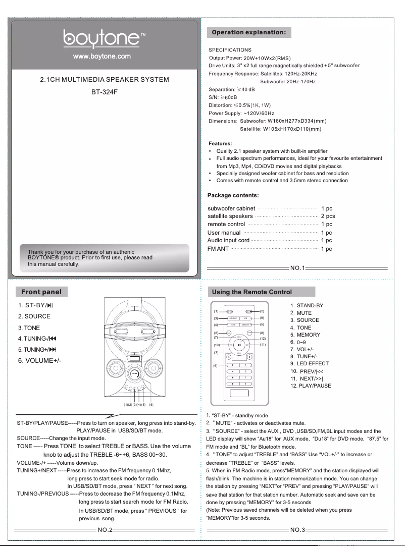 Page n°1 - Manuel utilisateur Boytone BT-424FN