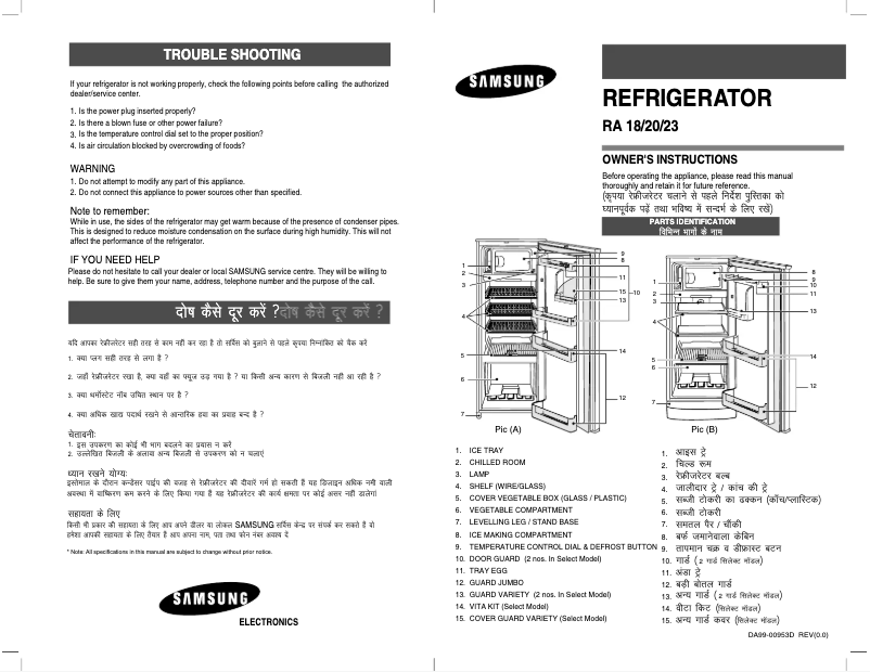 Page 1 de la notice Manuel utilisateur Samsung RA18YVMS