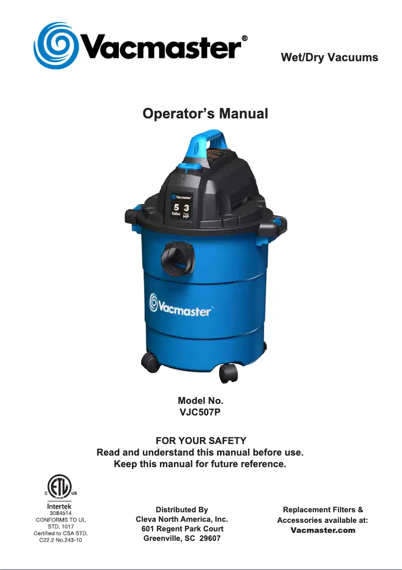 Page n°1 - Manuel utilisateur Vacmaster VJC507P