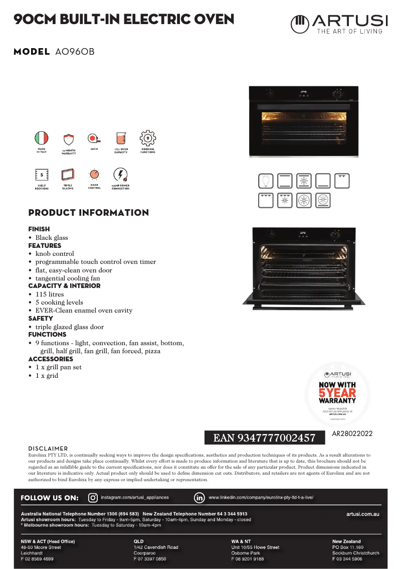 Page 1 de la notice Fiche technique Artusi AO960