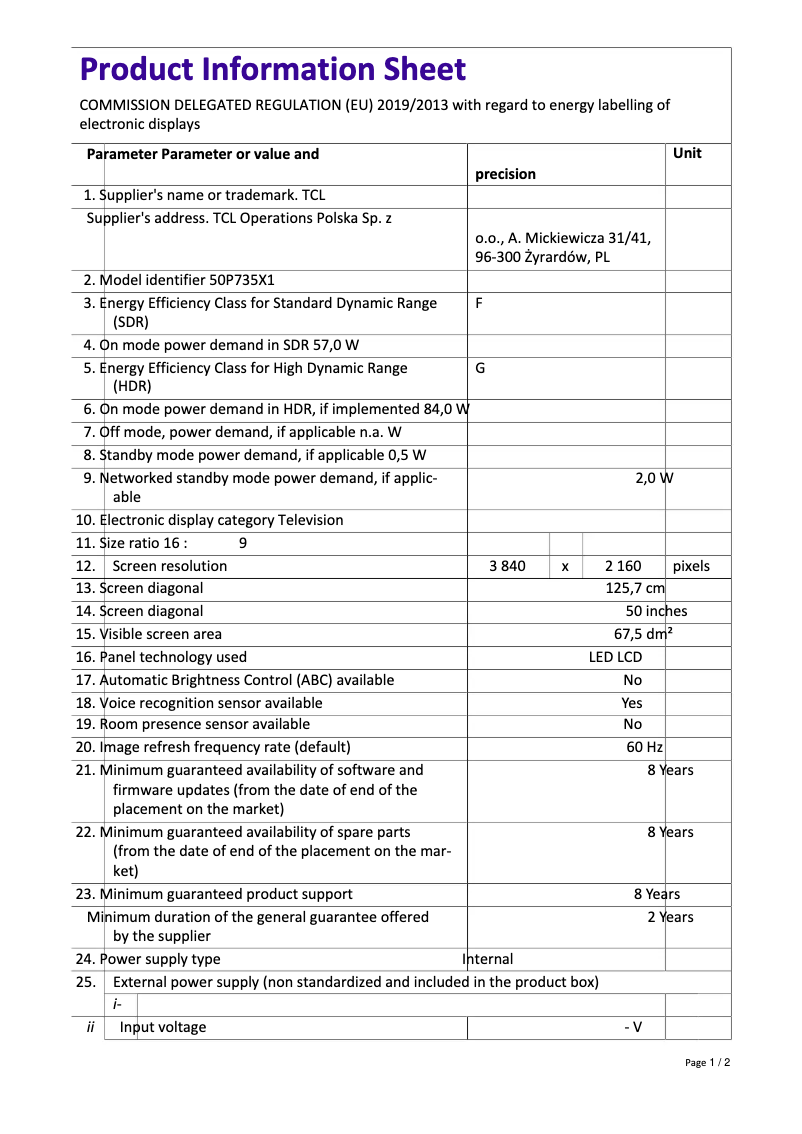 Page 1 de la notice Fiche technique TCL 50P735