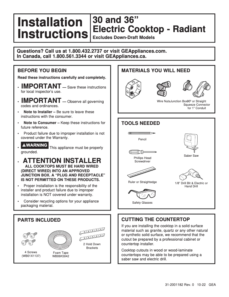 Page 1 de la notice Guide d'installation GE JP3036SLSS