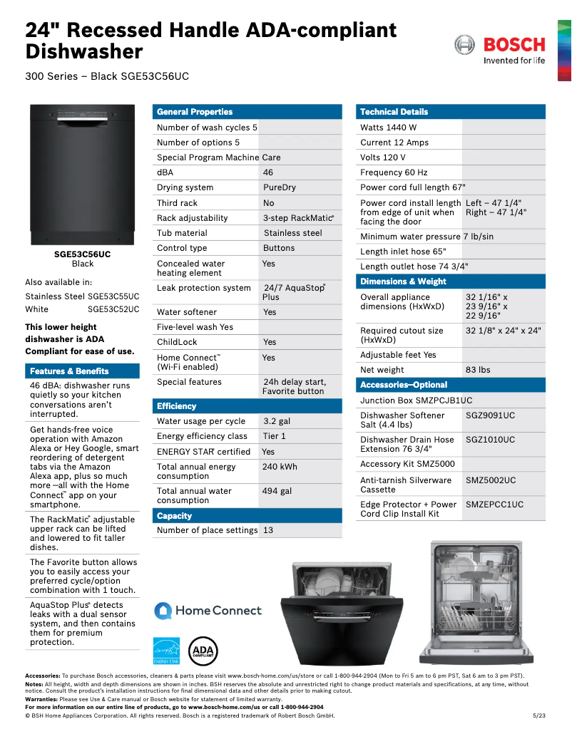 Page 1 de la notice Fiche technique Bosch SGE53C56UC