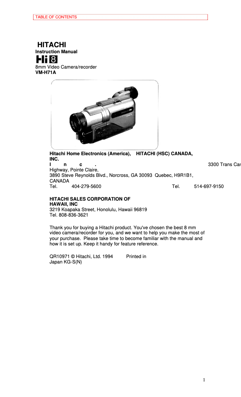 Page n°1 - Manuel utilisateur Hitachi VM-H71A