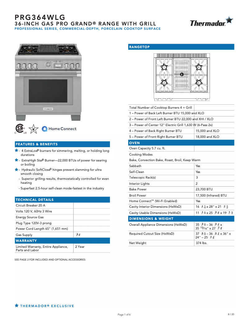 Page 1 de la notice Fiche technique Thermador PRG364WLG
