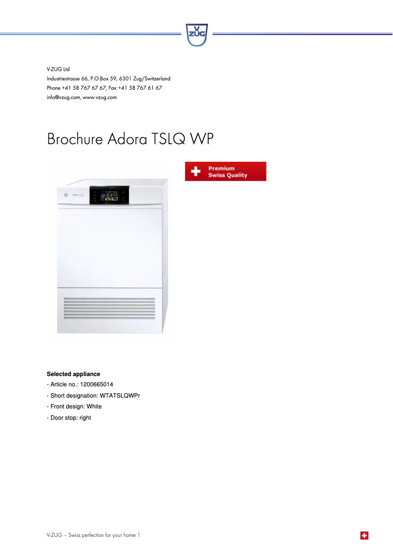 Page 1 de la notice Fiche technique V-Zug Adora TSLQ WP