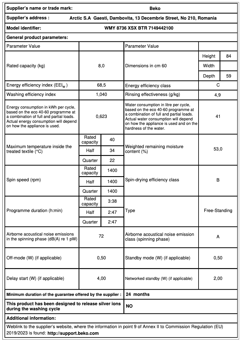 Page 1 de la notice Brochure Beko WMY 8736 XSX BTR