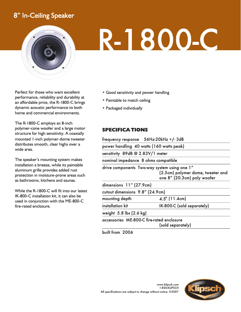 Page 1 de la notice Fiche technique Klipsch R-1800-C
