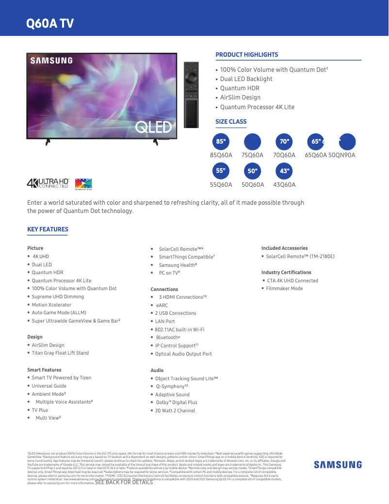 Page 1 de la notice Fiche technique Samsung QN55Q60A