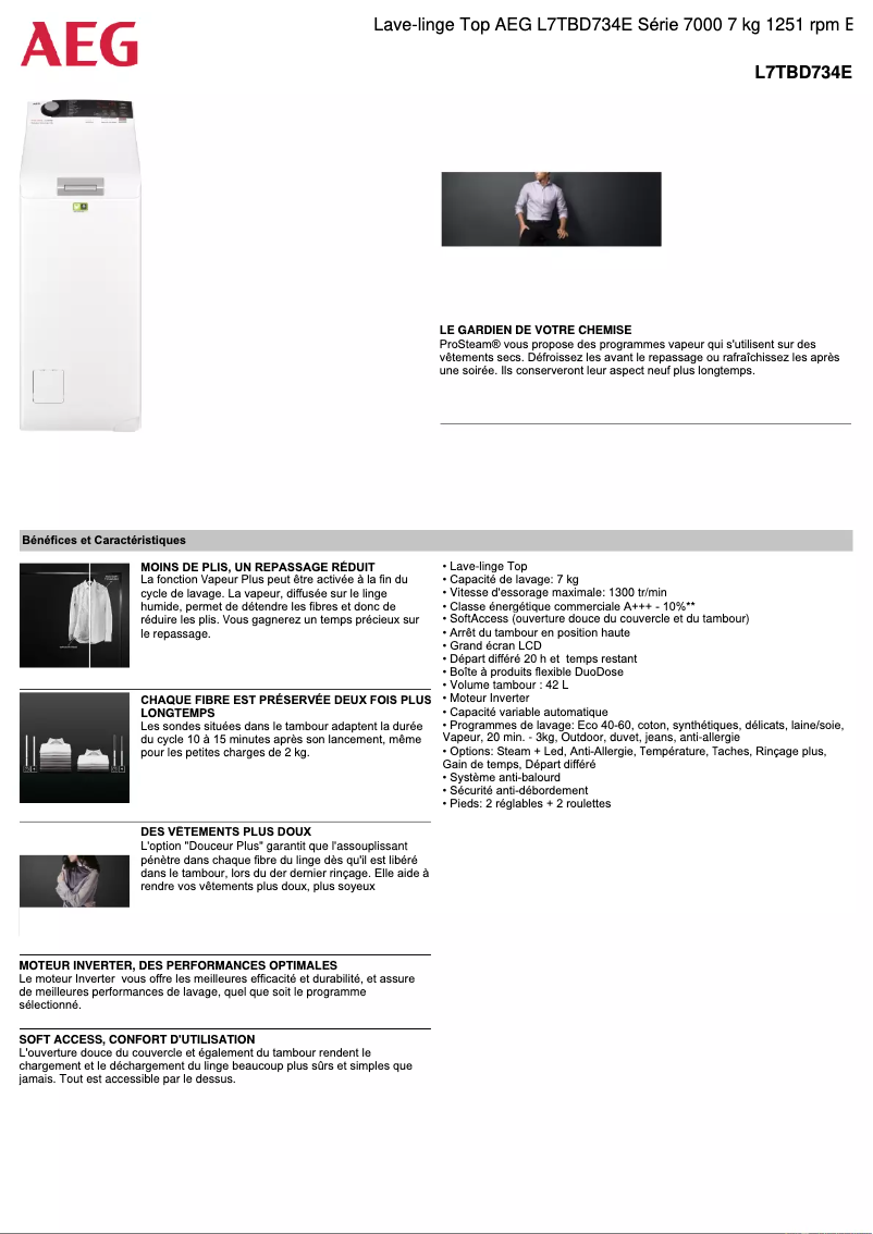 Page 1 de la notice Fiche technique AEG L7TBD734E