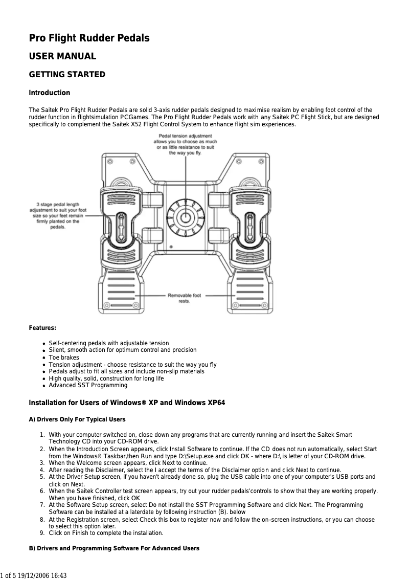 Page 1 de la notice Manuel utilisateur Saitek Pro Flight Rudder Pedals PC