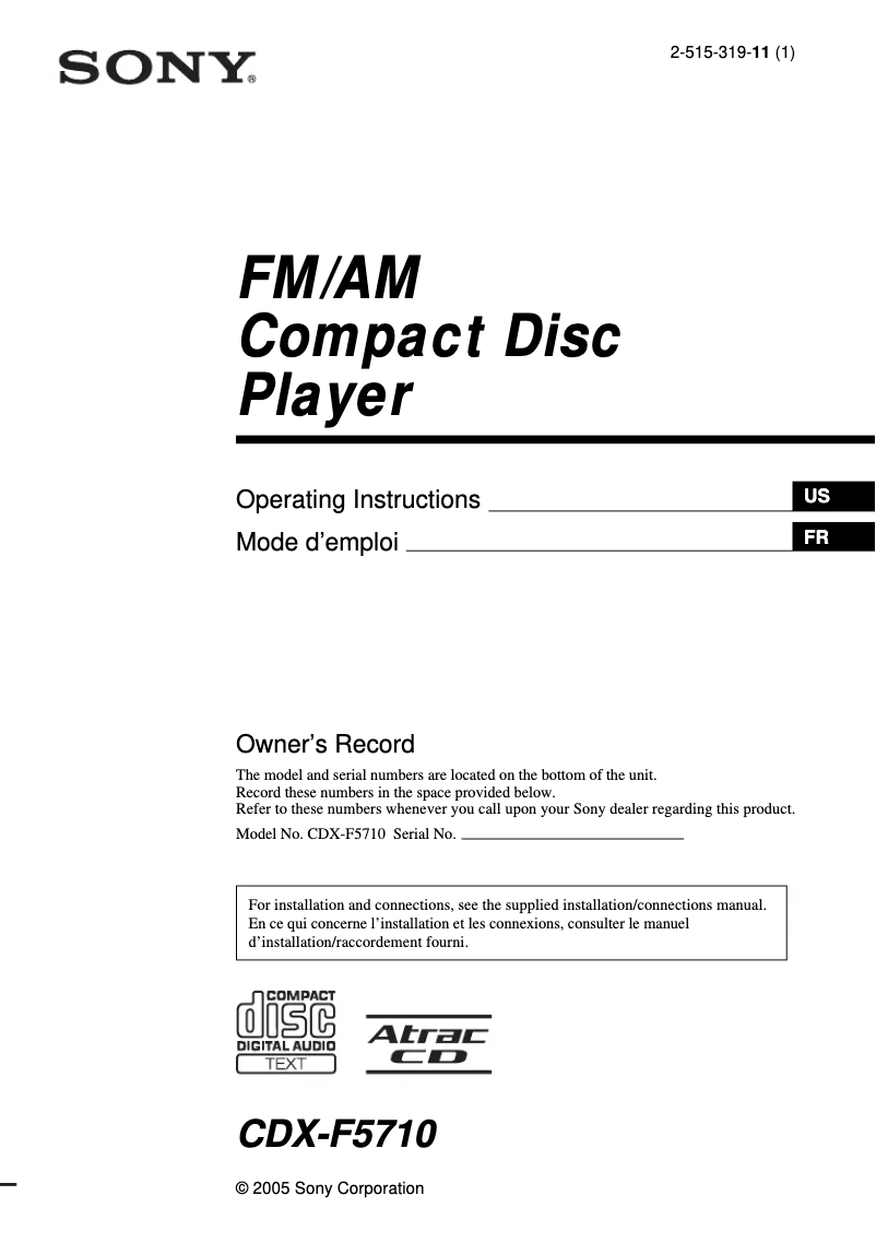 Page 1 de la notice Manuel utilisateur Sony CDX-F5710