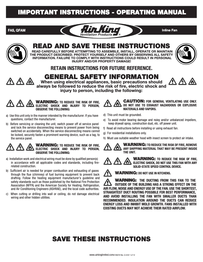 Page 1 de la notice Manuel utilisateur Air King QFAM