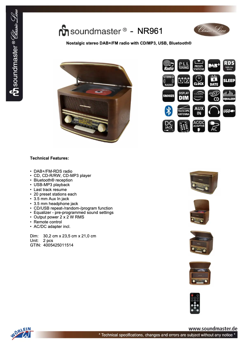 Page n°1 - Fiche technique Soundmaster NR961