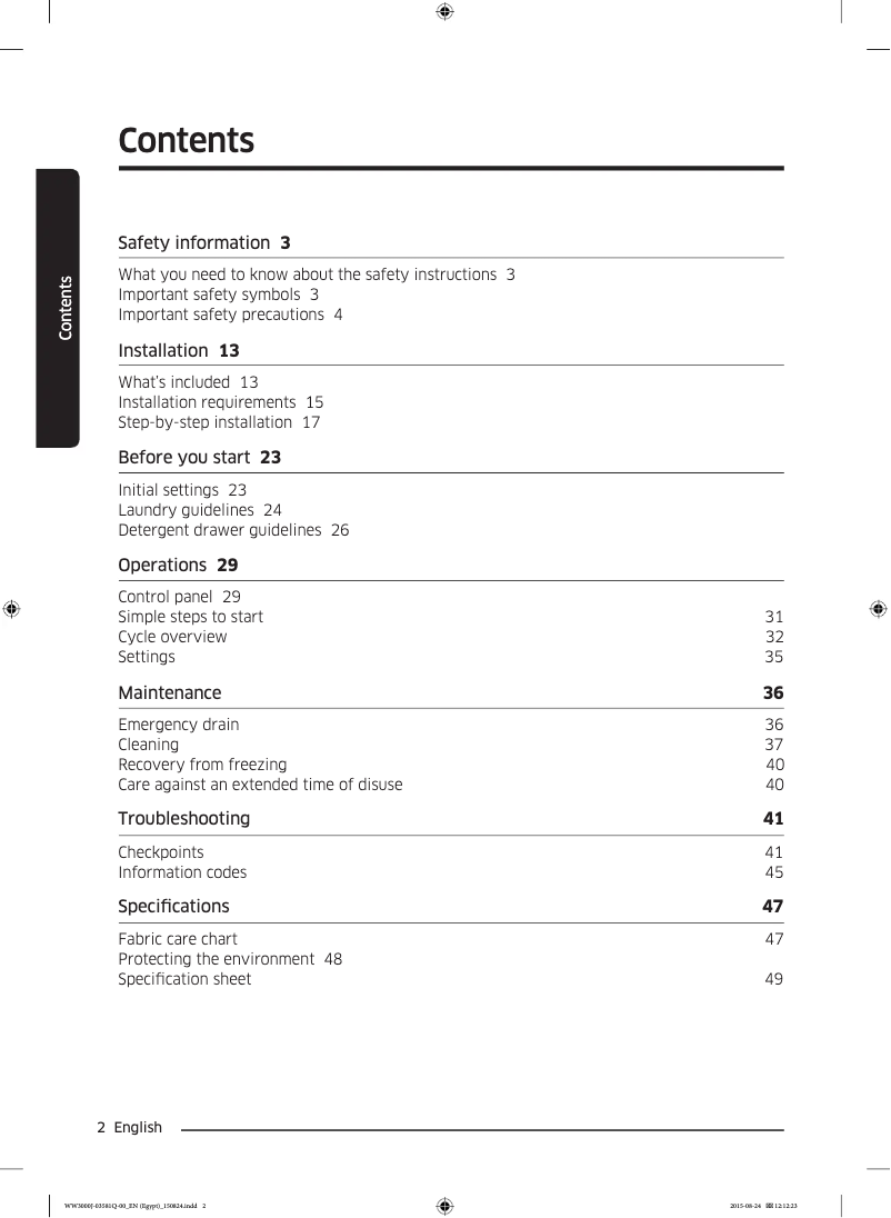 Page 1 de la notice Guide d'installation Samsung WW70J3263KW1