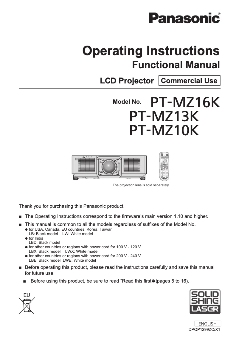 Page 1 de la notice Manuel utilisateur Panasonic PT-MZ10K