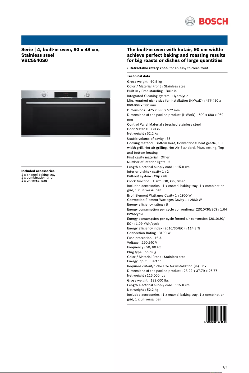 Page 1 de la notice Fiche technique Bosch VBC5540S0