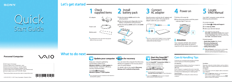 Page 1 de la notice Guide d'installation Sony Vaio VPCYB13