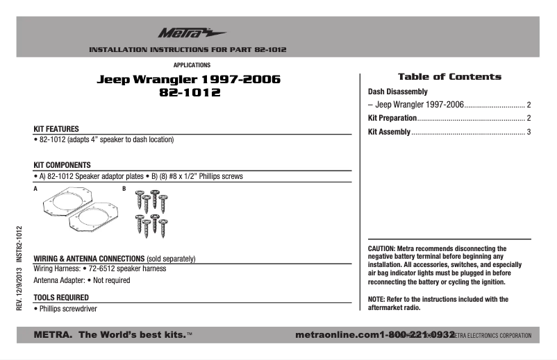 Page n°1 - Manuel utilisateur Metra 82-1012