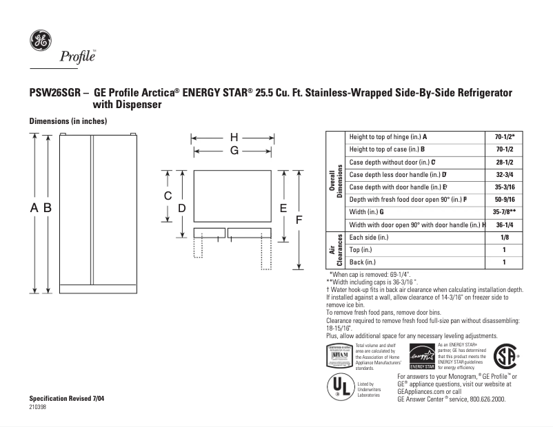Page 1 of the manual Technical Sheet GE Profile PSW26SGRSS