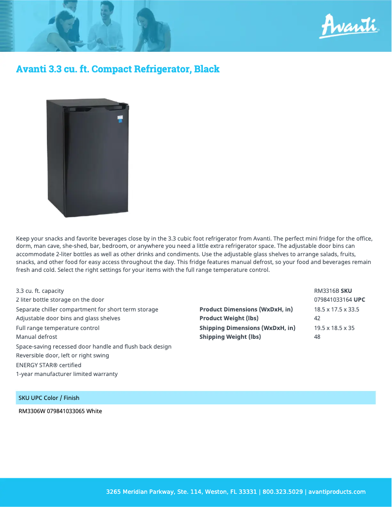 Page 1 de la notice Fiche technique Avanti RM32J1B