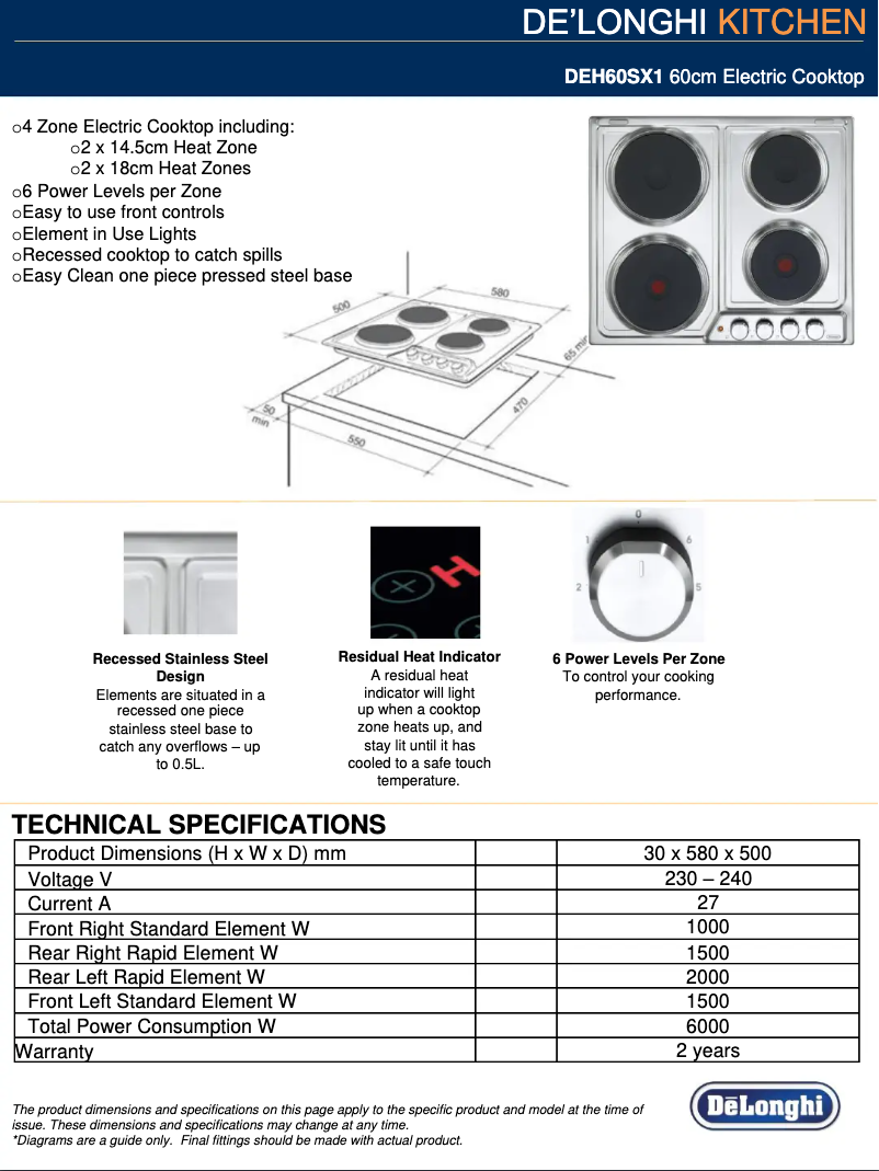 Page 1 de la notice Fiche technique DeLonghi DEH60S