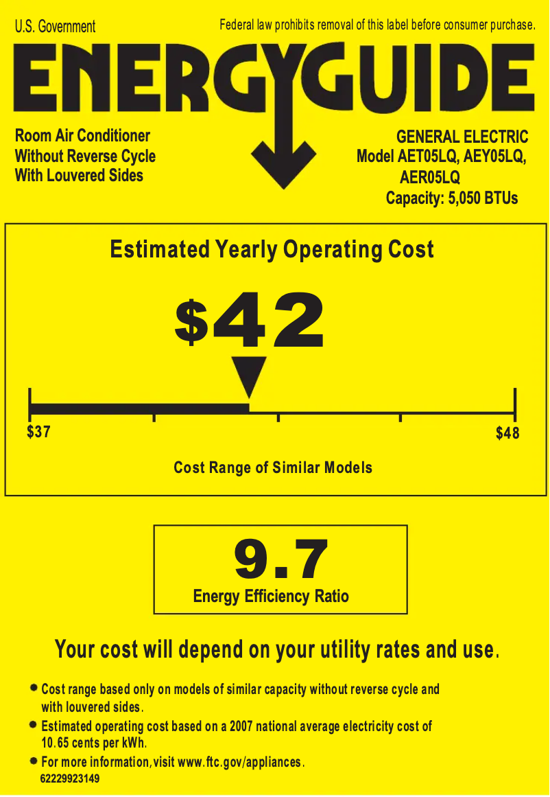 Page 1 de la notice Label énergétique GE AER05LQ