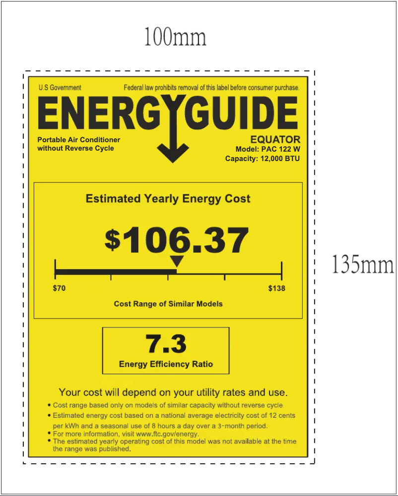 Page 1 de la notice Label énergétique Equator PAC 122 W