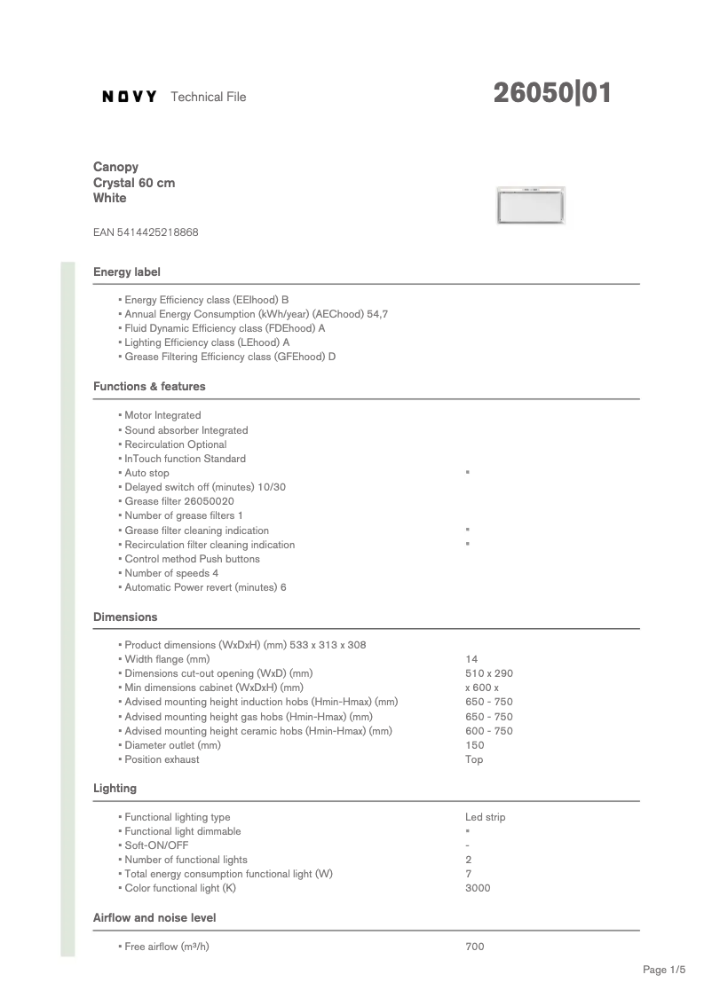 Page 1 de la notice Fiche technique Novy Crystal 26050