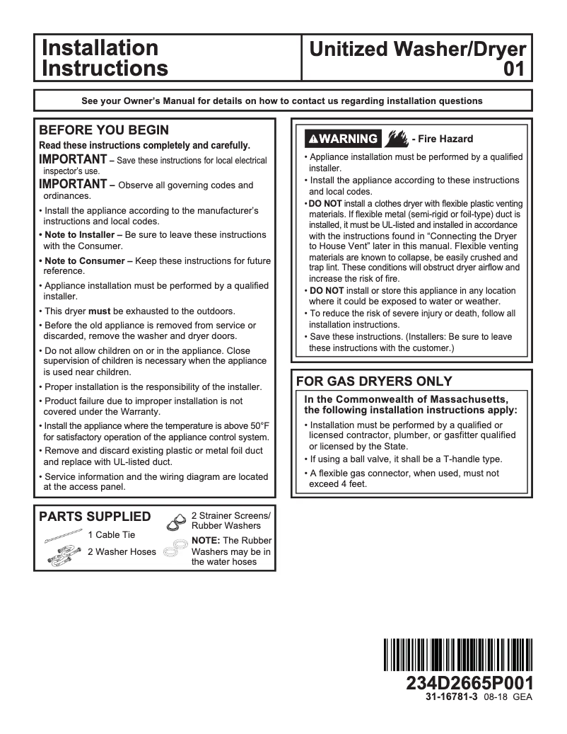 Page n°1 - Guide d'installation GE GUD27EESNWW