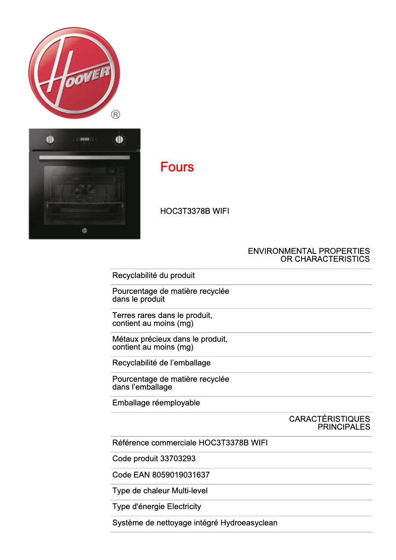 Page n°1 - Fiche technique Hoover HOC3T3378B WIFI