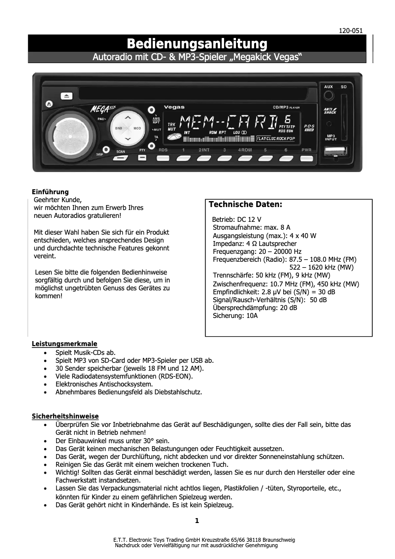 Image de la première page du manuel de l'appareil Vegas