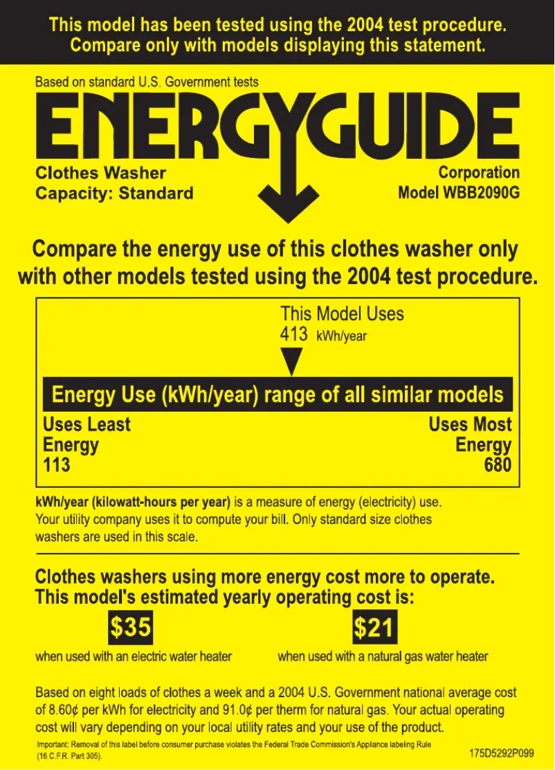 Page n°1 - Label énergétique GE WBB2090GWW