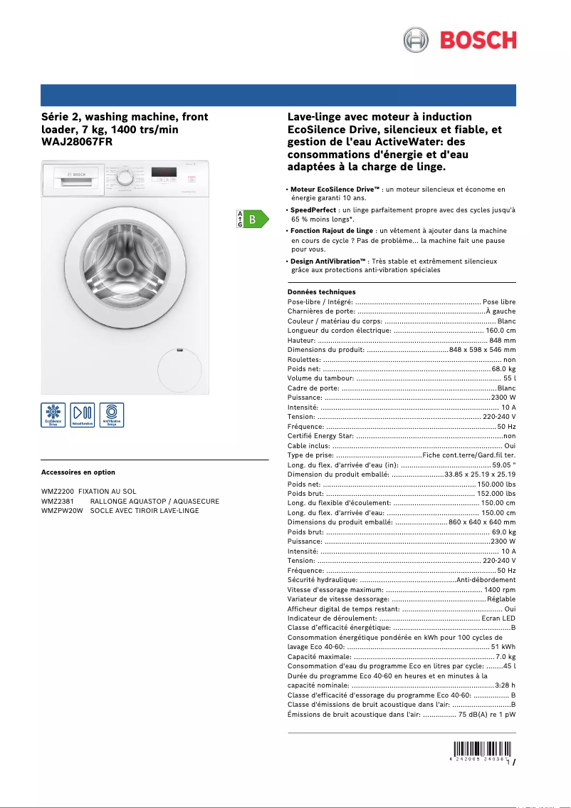 Page n°1 - Fiche technique Bosch WAJ28067FR