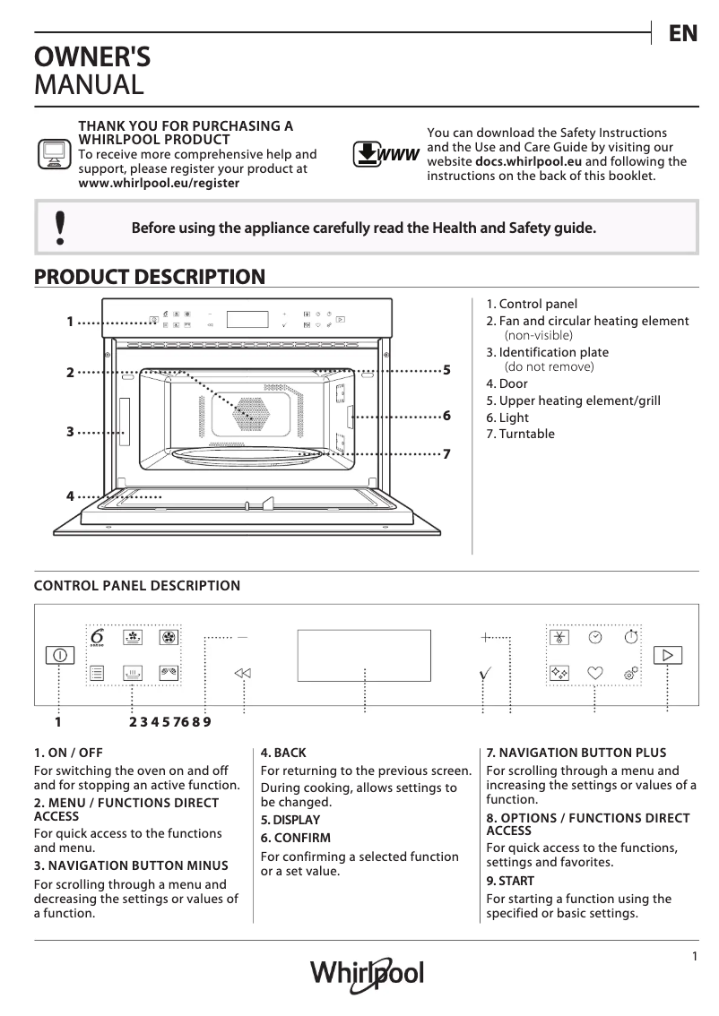 Página 1 del manual Manual de uso y mantenimiento Whirlpool W7 MD460