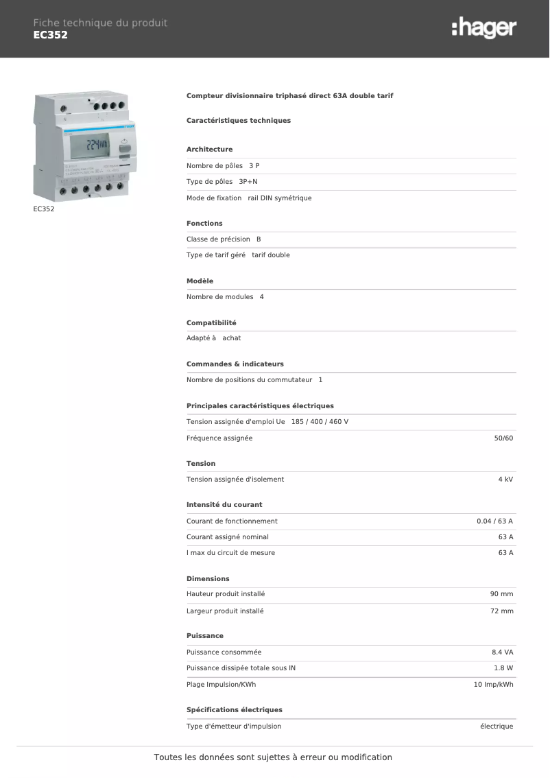 Page n°1 - Fiche technique Hager EC352
